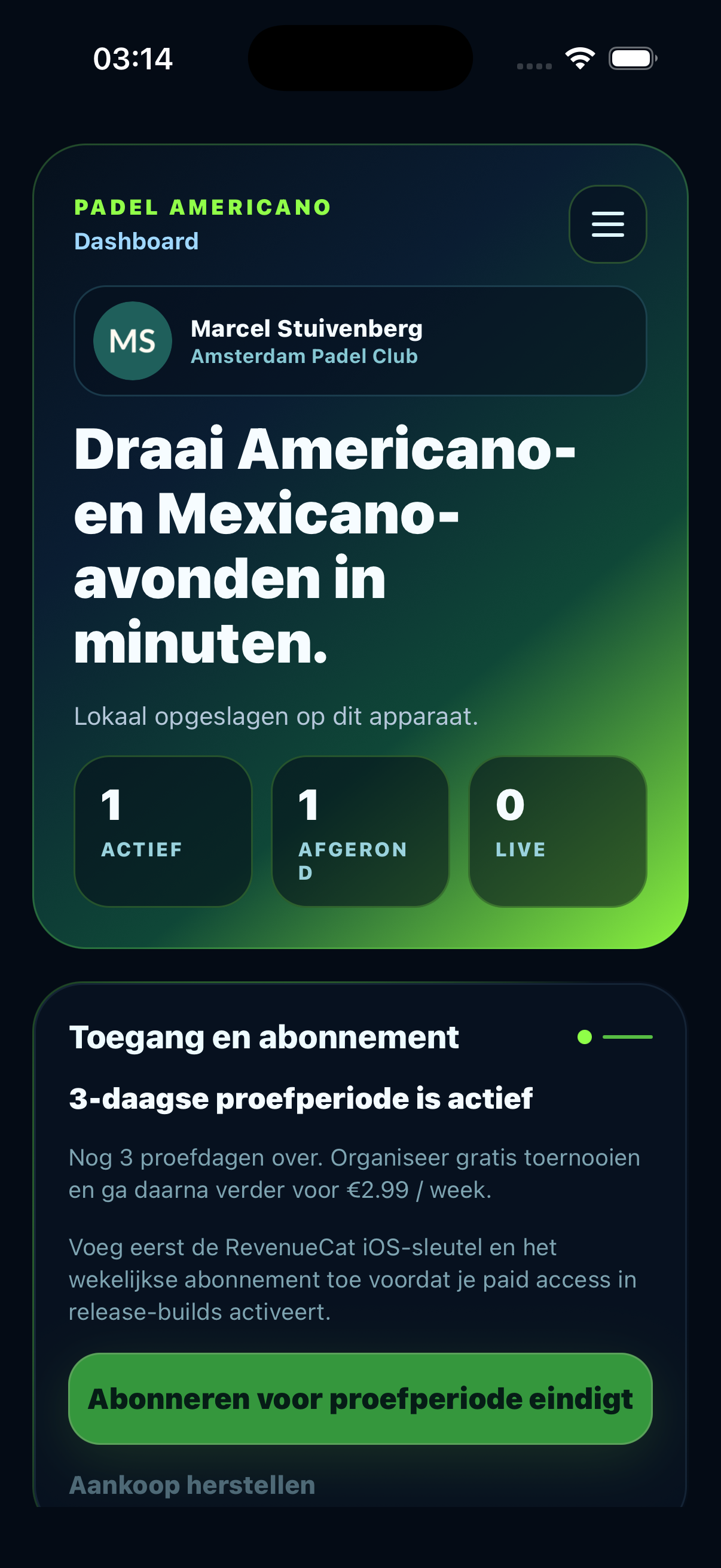 Easy Padel Tournament dashboard screenshot